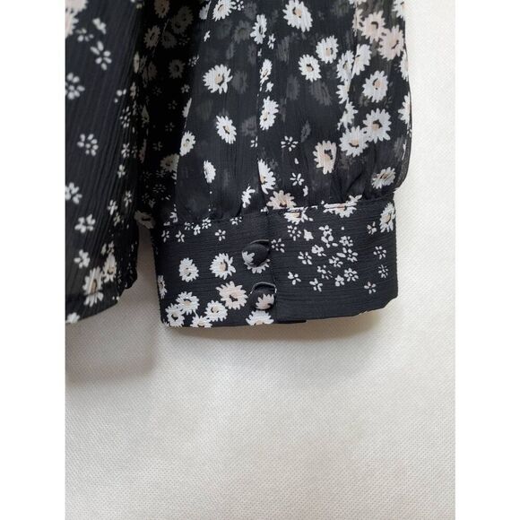 Karl Lagerfeld Paris Floral High Neck Key Hole Balloon Sleeve Semi Sheer Blouse - Picture 8 of 11